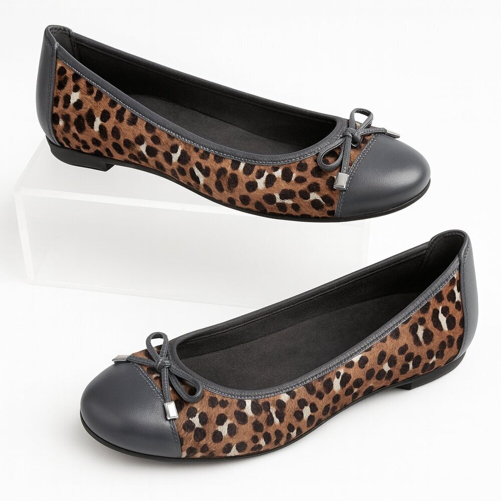 Vionic Leopard Calf-Hair Cap-Toe Ballet Flats – Gray Leather Trim, Women’s US 9